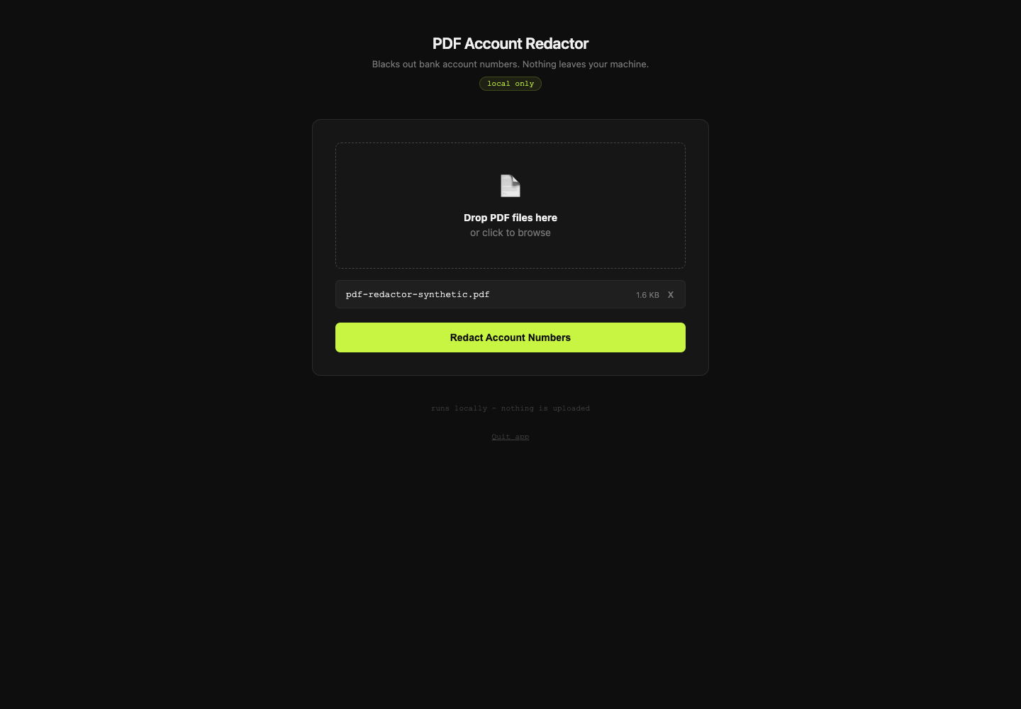 Live PDF Redactor interface with a synthetic PDF selected