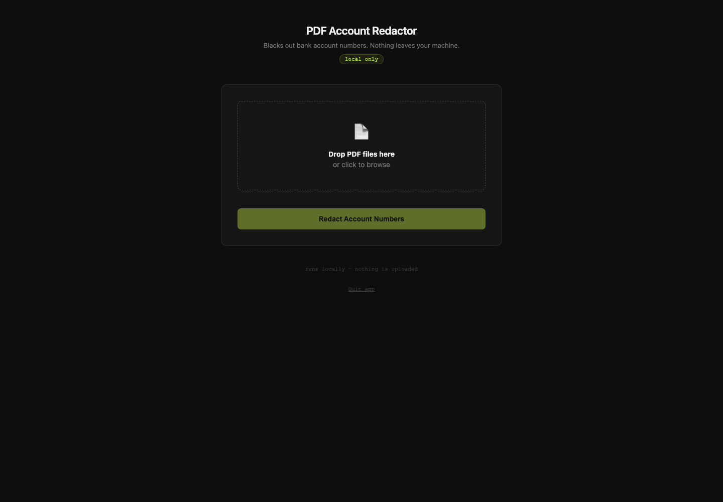 Live PDF Redactor landing screen with PDF drop area and redaction button
