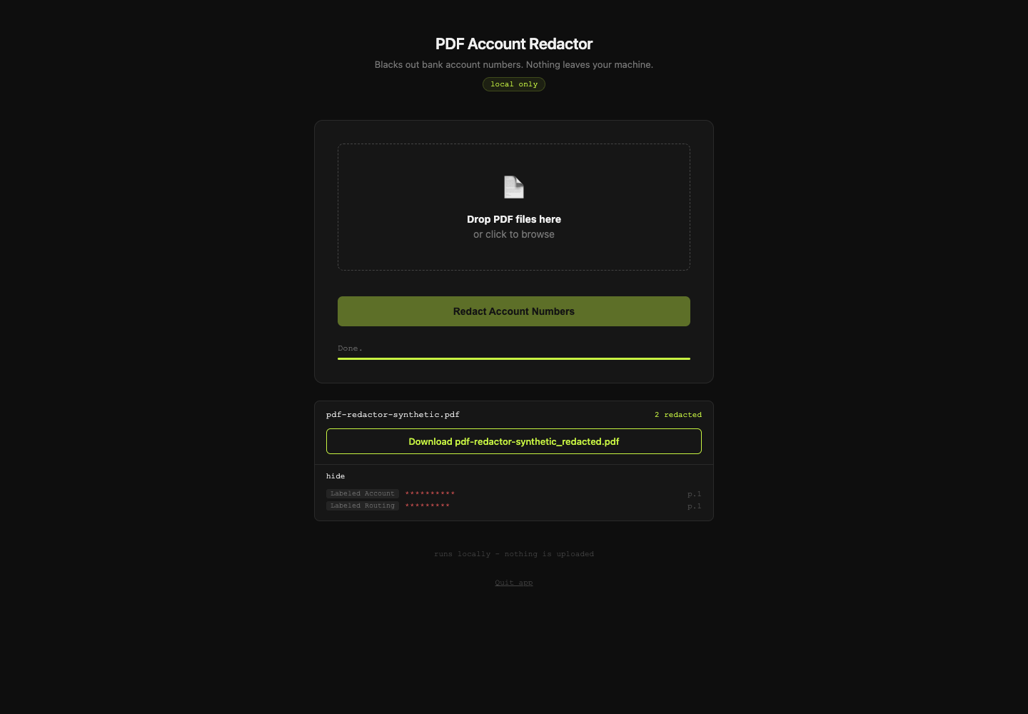 Live PDF Redactor expanded result showing labeled account and routing redactions on page one
