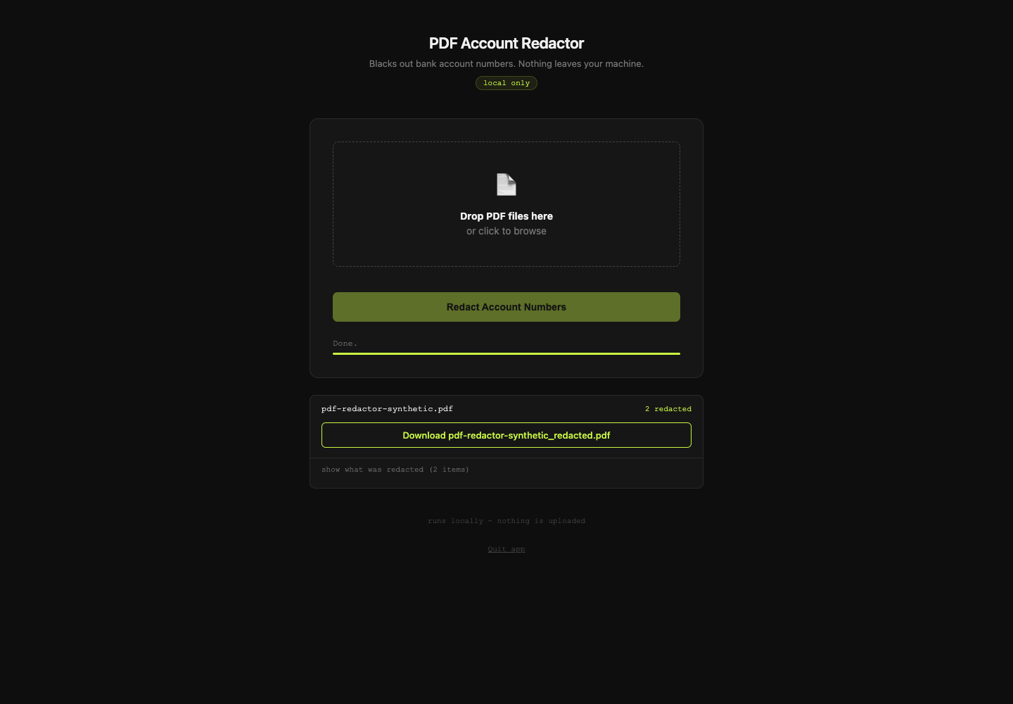 Live PDF Redactor result showing two redactions and a download action